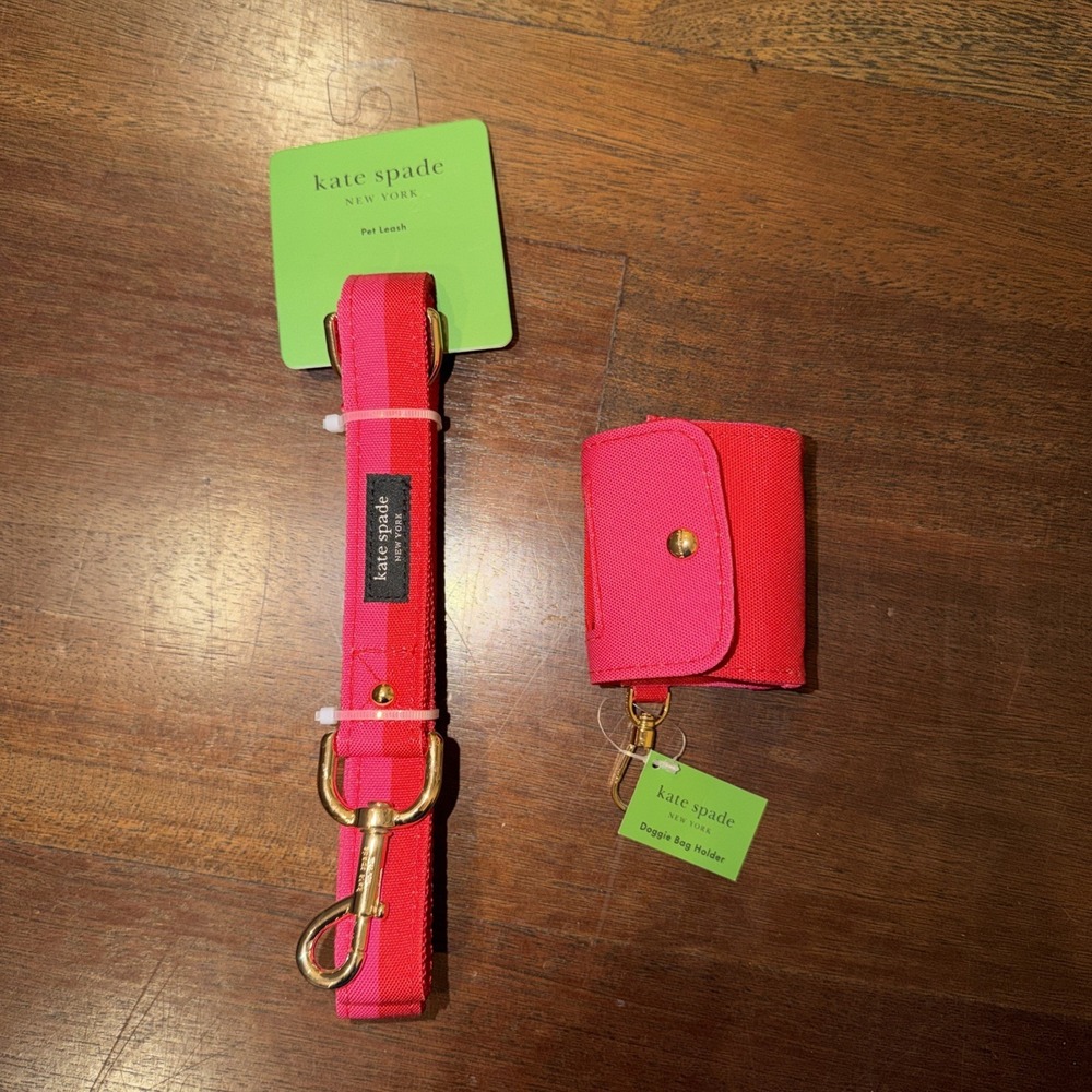 Kate Spade NY Pet Leash & Doggie Bag Holder Set Pink Red Nylon Sz M/L  72"